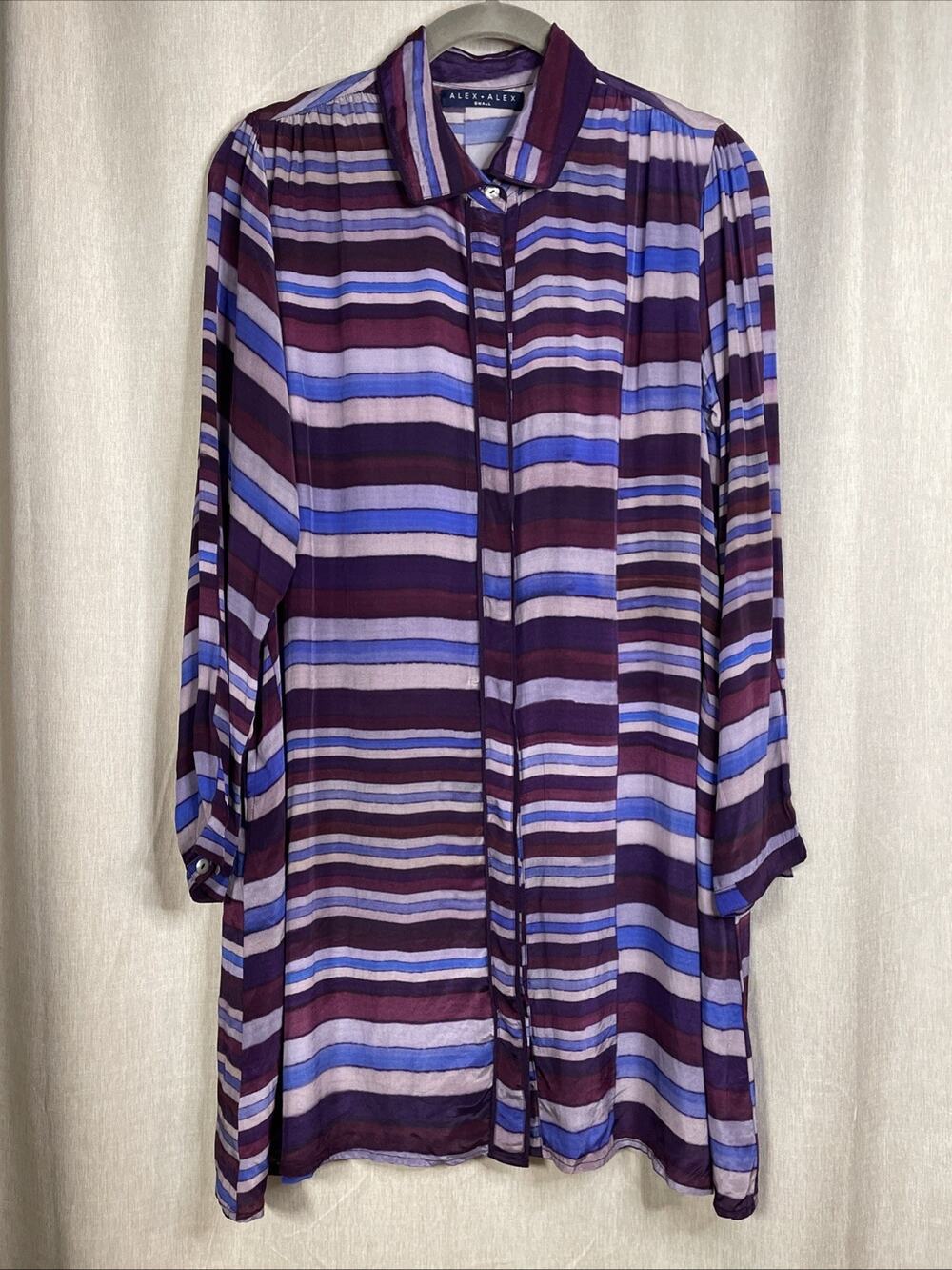 Alex + Alex Striped Button-Up Tunic Blouse - Purple/Blue - Size Small - Long SLV